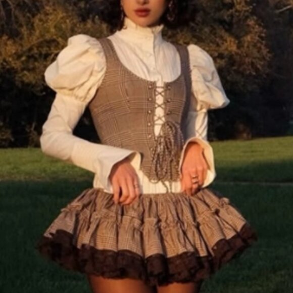 Selkie The Sussex Duchess Corset XSmall Retro Tan Plaid Check Top - Picture 1 of 10